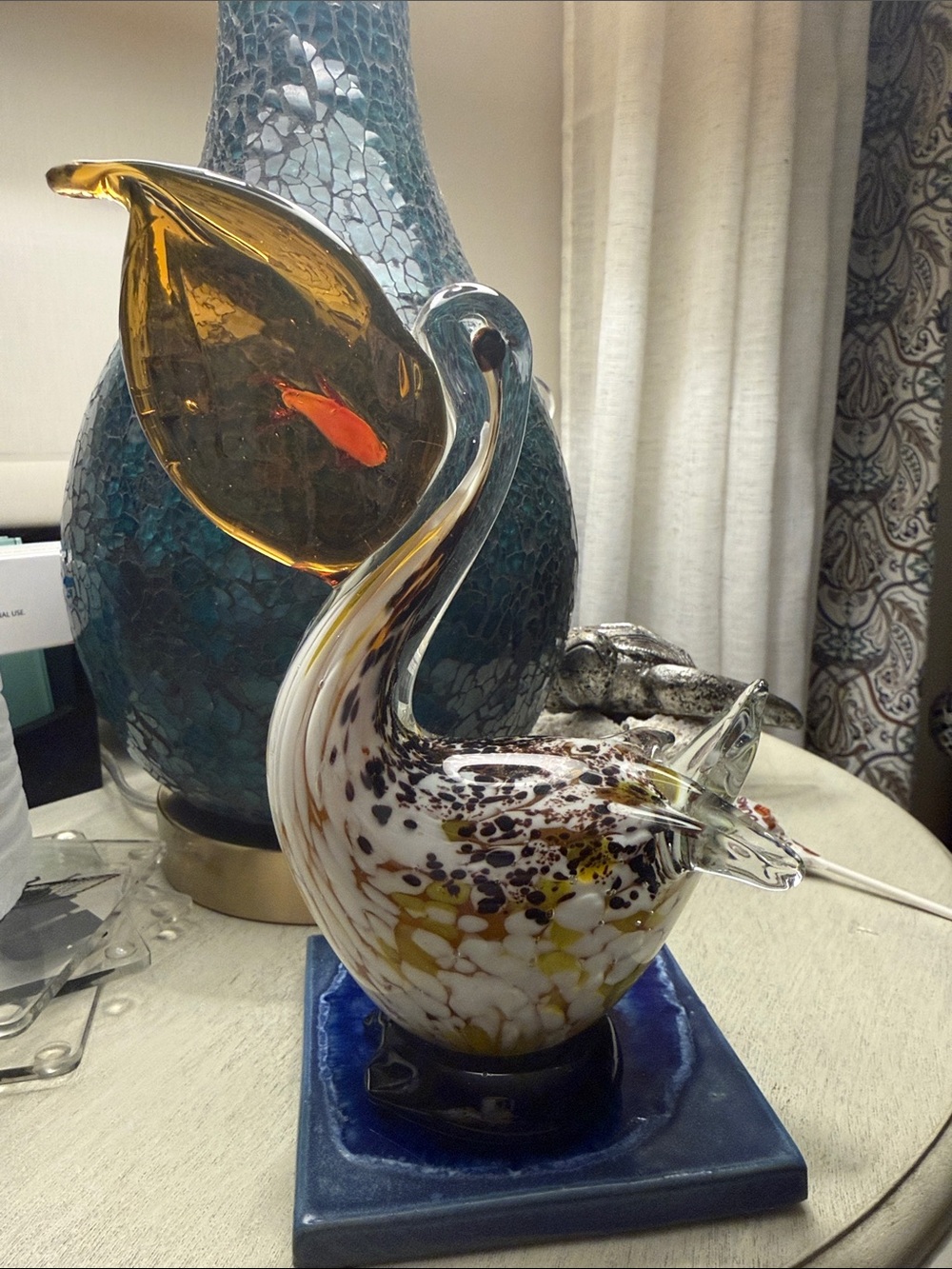 Handblown Multicolor Glass Pelican with fish in its bill: Murano-style piece EUC